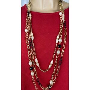 New York & Company New 3 Strand Necklace Gold Chain w White/Black Beads